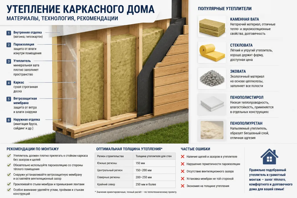 Схема утепления каркасного дома минеральной ватой с пароизоляцией и ветрозащитой