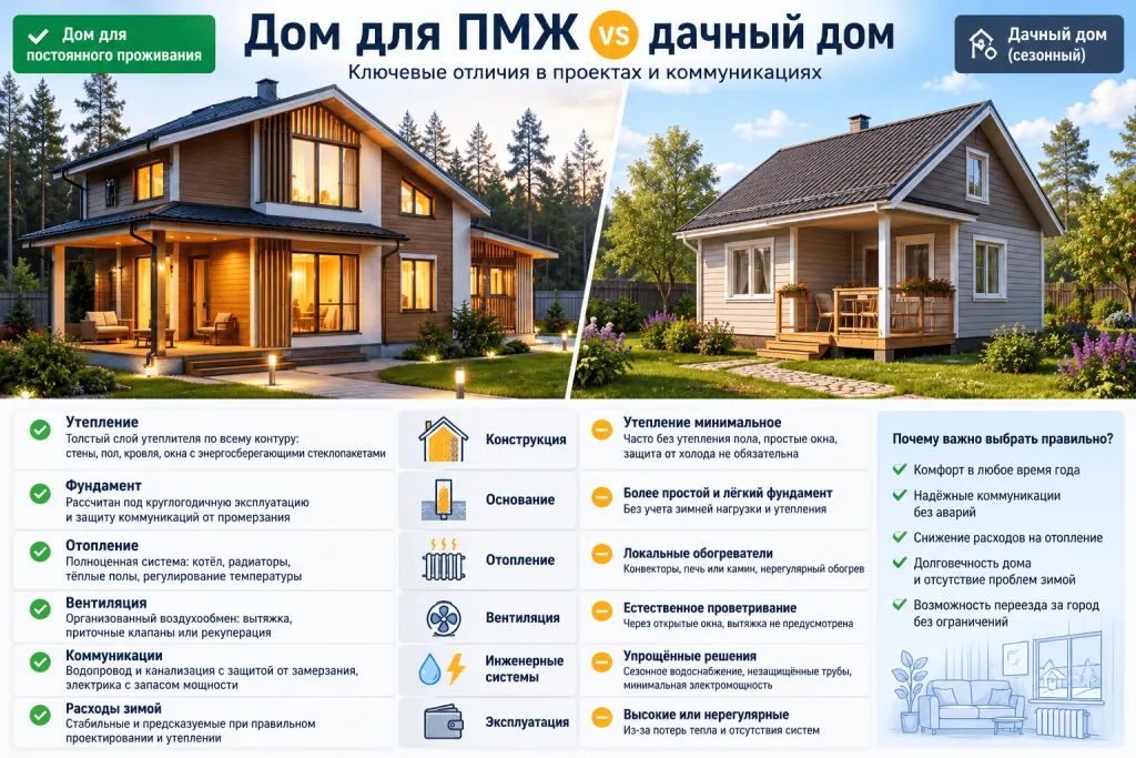 Отличия дома для ПМЖ от сезонного дачного дома по проекту и инженерным системам