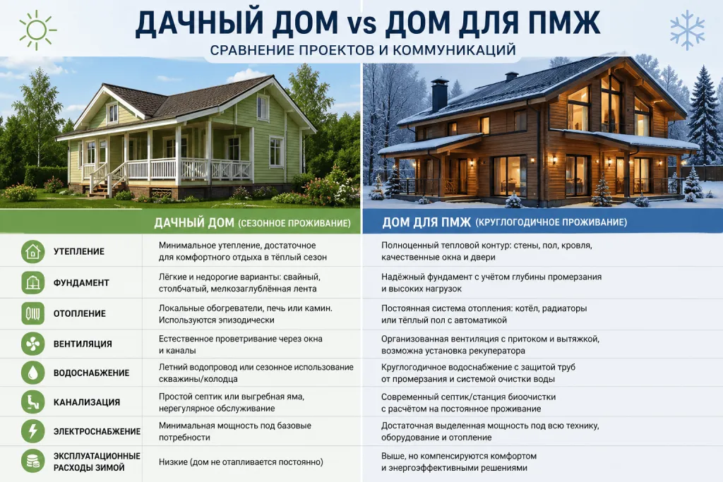 Сравнение дачного дома и дома для постоянного проживания по утеплению и коммуникациям